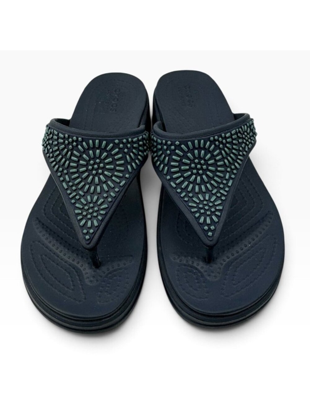 -Crocs Montery Diamante Wedge Flip Flops Womens Size 7 Blue Resort Beach Travel